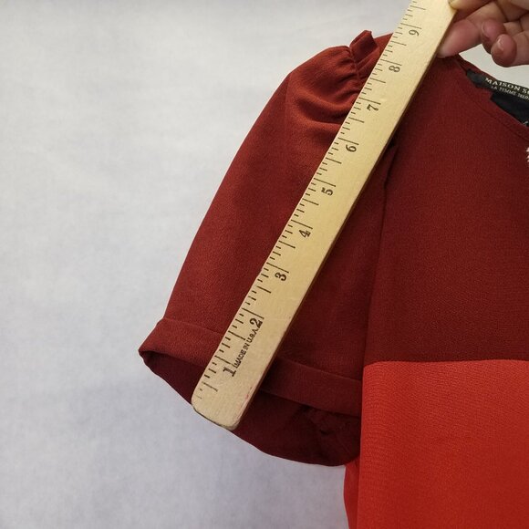 Maison Scotch Shift Dress Women Small Red Colorblock Puff Sleeve Chiffon A-line - Picture 15 of 16